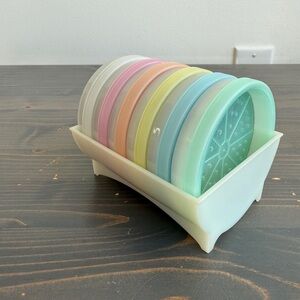 Vintage pastel Tupperwear wagon wheel coasters and caddy